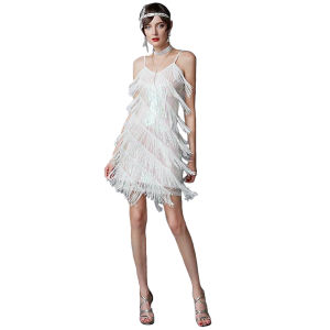 1920S Đầm dạ hội cỡ lớn phong cách Gatsby đính hạt tua rua V Đầm dạ hội hai dây cổ đầm liền thân đính kim sa phong cách retro khiêu vũ Latin