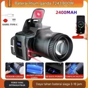 【COD】T243 - 2400/3600mAh Senter Kepala Zoom Tampilan Digital Tahan Lama Anti Air Super Terang