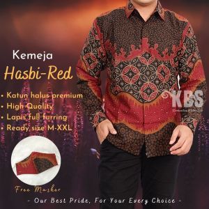 Kemeja Batik Lengan Panjang Motif Hasbi Warna Merah Regular Premium Slimfit