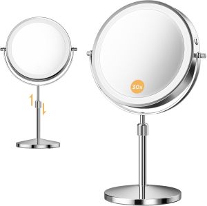 Makeup Mirror 1X/30X Magnification with 3 Level LED Lights 5000 mAh Rechargeable Double Sided 9” Magnifying Mirror with 360 ° Rotation Perfect for Precision Grooming and Makeup Women Gift