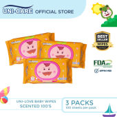 UniLove Powder Scent Baby Wipes 100s Pack of 3 - 99% Water| Hypoallergenic | Alcohol Free | No harmful chemicals | with Aloe Vera | Safe & Gentle | FDA Approved