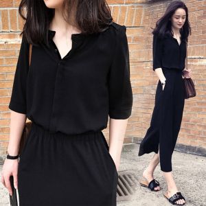 LOMOGI Women Elegant Solid Color Casual Elastic Waist Split Dress Korean V Neck Soft Half Sleeve Pockets Chiffon Midi Dresses