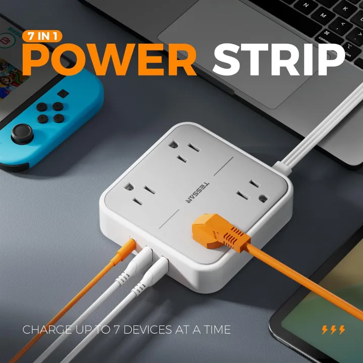 TESSAN Ultra Thin Flat Plug Power Strip 1.5m 3m 4.5m Extension Wire ...