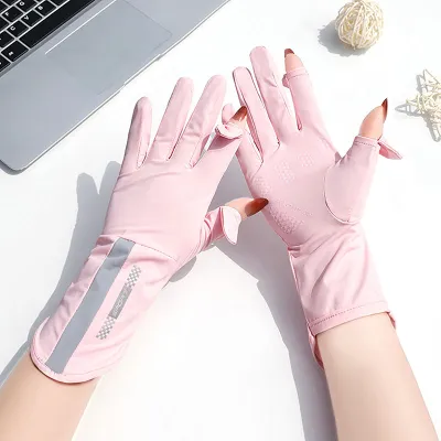 Heabety ถุงมือกันแดดสำหรับผู้หญิงเนื้อผ้าไหมน้ำแข็งแบบบางป้องกันรังสีอัลตราไวโอเลตน้ำค้างถุงมือสำหรับขับขี่ขับขี่ขับขี่กันลื่นระบายอากาศได้ดี