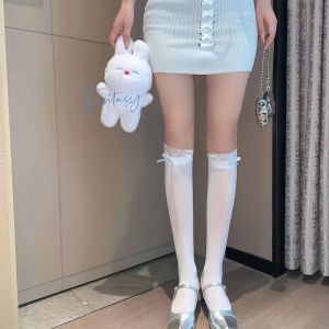 ✨CADIAES✨ถุงน่องลูกไม้บางสำหรับผู้หญิง โบว์กำมะหยี่สีขาว ถุงเท้าสูงถึงเข่าหวาน jk ฤดูร้อน ทันสมัยและจับคู่ง่าย จัดส่งเร็วสุด