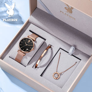 PLAYBOY women watch waterproof 2026 new luxury fashion casual calendar quartz watch rose gold mesh belt brand-name womens watch gift box for girlfriend