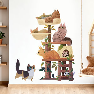 Decal giấy dán tường Cat tree mèo ngủ dễ thương Có keo sẵn Trang trí phòng khách phòng bé