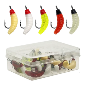 30Pcs Fishing Baits Soft Maggot Fly Fishing Lures Hook Set Soft Plastic Fishing Lures Bread Worms Artificial Baits
