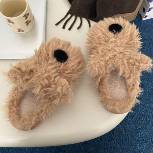 IELGY Cute thick-bottomed wool slippers womens 2024 cartoon heightened non-slip toe cotton slippers
