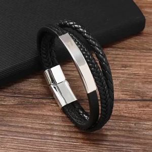 Cross-border in-stock vintage mens woven bracelet with smooth stainless steel accessories and multi-layer leather handcrafted wristband