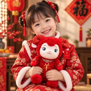 BEAUTYLADIES Stuffed Sheep Plush Toy Soft Festive Zodiac Mascot Doll Fortune Ram Mascot Vibrant Auspicious Red Goat Kids