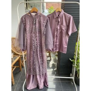 DEVINA x KOKO SATIN LENGAN PENDEK BAJU COUPLE PASANGAN BAHAN SATIN ROBERTO OUTER BRUKAT MIX TILLE DOT SIZE M L XL XXL LD 100 - 120 CM BAJU KONDANGAN PESTA