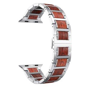 JANSIN compatible with apple watch series 7 41mm 45mm Band Natural Wooden Red Sandalwood Stainless Steel Link Bracelet Strap compatible with apple watch series 6 SE 5 4 3 2 38mm 40mm 42mm 44mm strap