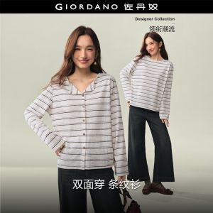 GIORDANO Women T-Shirts Two-Way Wear Striped Knit Tee Round Neck Long Sleeve Fashionable Casual Relaxed T-Shirts 18326314