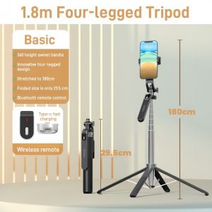 P180 for Phone for Vlogging Super Long 180cm Bluetooth Selfie Stick Tripod with Remote and Light
