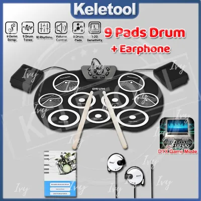 Portable Roll Up Drum 9 Pads Electronic Drum Set Foldable Digital Drum Silicon Drum Pad Kit Roll-up Drum Practice Pad USB Rechargeable with Drumsticks Foot Pedals for Beginner Kids