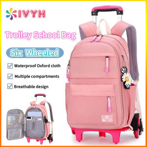 【Selangor Ready Stock】IvyH Kids Solid ColorTrolley Backpacks for Girls With 6 Wheels Rolling School Backpack Wheeled School Bag for Boys Girls