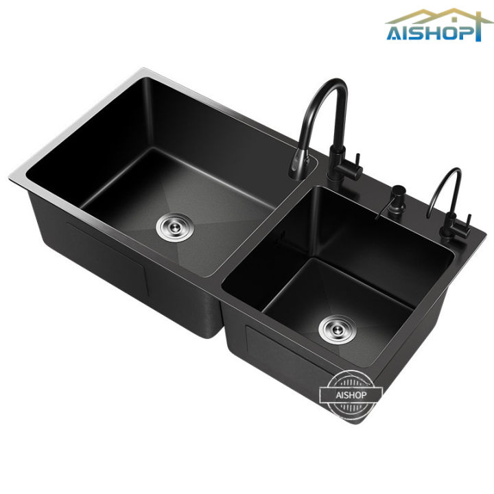 [SG STOCK]Kitchen Sink Nano Sink Black 304 Stainless Steel Sink Double Bowl Dish Washing Basin