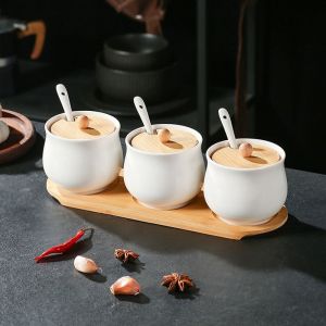 Tempat Penyimpanan Bumbu 4in1 Set Dapur Kaca Keramik Dengan Stand Kayu Dan Sendok