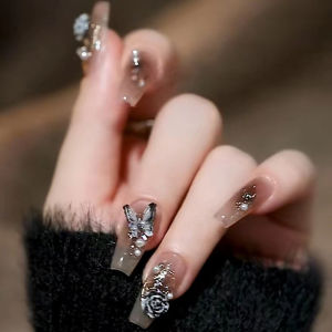 Kupu-kupu mawar hitam keren berlian tiga dimensi kuku panjang mutiara seri hitam fake nail kuku palsu + lem nail art