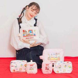MHEW Kawaii Satin Kitty Cosmetic Bag KT Cat Large Capacity Pouch for Make Up Kit Portable Cartoon Pouches Bag Organizer Girls