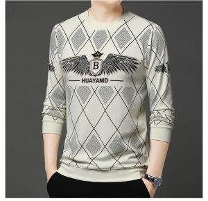 IELGY Mens Autumn and Winter New Flocking Printed Long Sleeve Round Neck T-Shirt Casual Top