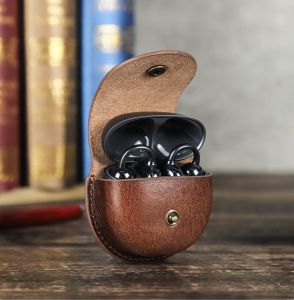 Genuine Leather Earphone Case With Hook Fit For Huawei FreeClip Earbuds Cover Shockproof Protective Shell Handmade Vintage Earphone Sleeve