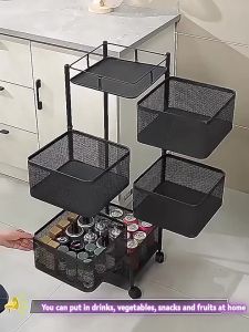 Kitchen Multi-layer Vegetable Storage Rack Stand Square Rotatable Fruit Basket Drainage Sink with Wheels