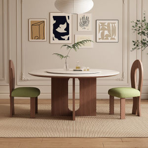 Dining Table Turntable Dining Table Chair Hole Stone Slate Round Dining Table Solid Wood White Wax Wood