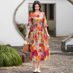 Womens Retro Colorful Polka Dot Print Dress Loose Round Neck Midi Dress Bohemian Resort Style L2395
