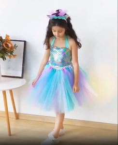 Kids Girls Cosplay Party Dress Princess Dress Up Mermaid Tulle Tutu Dresses Theme Birthday Party Costume with Flower Headband