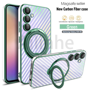 For Samsung Galaxy A15 A05S A05 A35 A55 A53 A54 A35 A25 A14 4G 5G Case Carbon Fibre Transparent Laser Shockproof Armor Holder Ring Stand Phone Back Cover