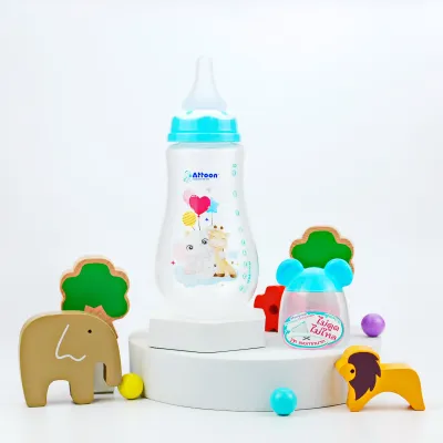 (จุกไม่ดูดไม่ไหล) Attoon ขวดนมคอกว้าง ขวดนมคอแคบ ฝาขวดนมมีหู แอทตูน รุ่น Fancy Antichoke ขวดนมเด็ก พร้อม จุกนมรูกากบาท