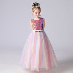 4 5 6 7 8 9 10 11 12 13 14 years old New Summer Party Dress Girl Sleeveless Pink Patchwork Sequined Rainbow Color Piano Host Birthday Wedding Long Dresses