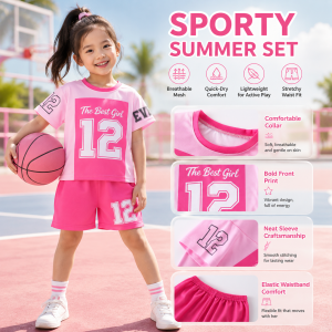 AILEBE Kids Sets Sporty Color Block Short Sleeve Top Shorts Set Breathable Quick-Dry Bird Eye Mesh Summer Activewear Lightweight Comfy Cheerleader Style Pambahay OOTD For Girls 1-10 Years Perfect For Sports Dance Play