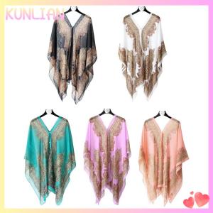 [KUNLIAN] Beach Sun Protection Shawl Fashion Women Clothes Summer Beach Bikini Cover Up Loose Chiffon Blouse Shawl Scarf With Buttons