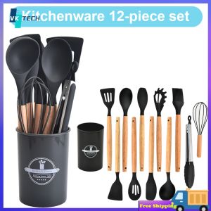 [ VKTECH ] Heat-Resistant Wooden Handle Kitchen Utensil Set 12 Pieces for Cooking and Serving in Modern Kitchens