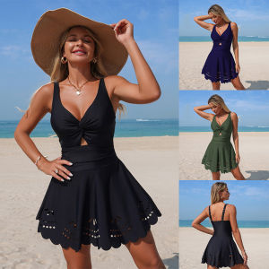 One Piece Swimdress Tummy Control Ruffle Swimsuit for Women Swim Dresses V Neck Bathing Suit Skirt Holow Out Swimwear