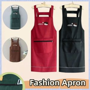 Fashion Apron with Zipper Big Pocket Waterproof Fabric Coffee Shop Work Bib Oilproof Kitchen Apron