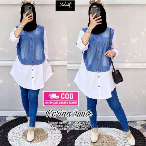 Tunik Lepis Wanita Terbaru Blouse Wanita Jumbo Aksen Mutiara Kemeja Denim Kombinasi Katun Grosir Fashion