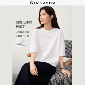 Giordano Beau Monde Women 100% cotton gathered cuffs 1/2 sleeve tee Free Shipping 13326623