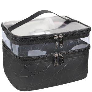 Sweethouse Double Layer Makeup Bag Big Capacity Waterproof Clear Travel Cosmetic Bag Toiletry Beauty Make Up Brush Organizer Travel Women Toiletry Storage Bag