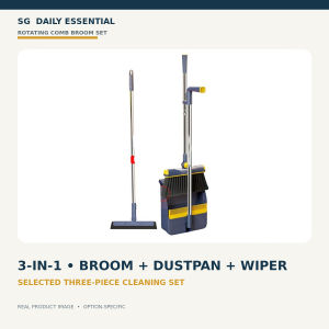 【DAILY ESSENTIAL】 Rotating Comb Broom and Dustpan Set | Foldable Standing Floor Cleaning Tool