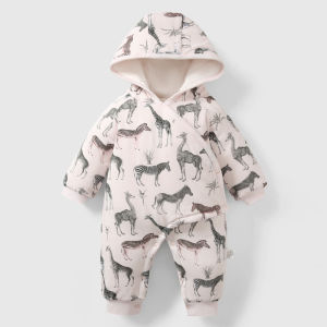 Baby Jumpsuit Winter Thickened Pure Cotton Quilted Baby Clothes Newborn Hooded Romper Childrens Outdoor Crawling Suit