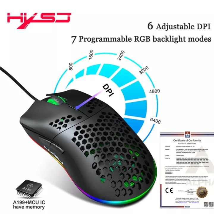 HXSJ J900 USB Wired Gaming Mouse RGB Gaming Mouse with Six Adjustable