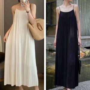 REEBO A-line Loose Sling Dress Round Neck Beachwear Sleeveless Long Dress Elegant Solid Color Beach Vacation Sundress Summer