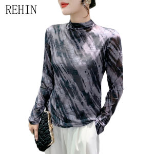REHIN Autumn/Winter New Flocked Luxurious Velvet Mesh-Turtleneck Long-Sleeve T-Shirt - Stylish Slim-Fit Base Top  For Women
