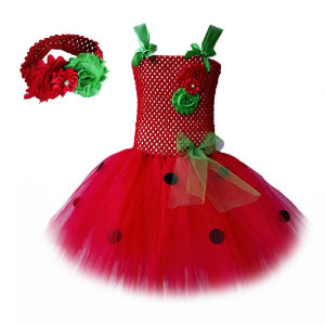 Red sweet strawberry tutu dress for baby girls Christmas Halloween costumes for toddler kids birthday dresses fruit tulle outfit