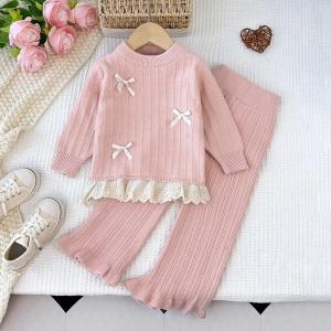 Bear Leader 2 to 6 Years Baby Girls Clothes Sets Winter Elegent Lace Bow Sweater Pullover and Pink Knitting Pants 2Pieces Suits Kids Knitted Autumn Clothing Outfits Casual Wear