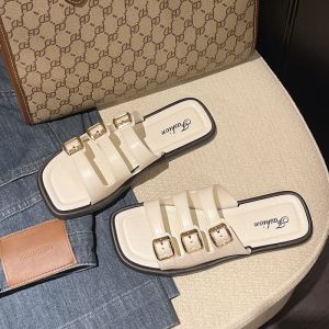 Free Shipping Square-Toe Three-Row Buckle Sandals For Women Suitable For Summer Wear With A Retro Metal Buckle Soft Sole Versatile For Everyday Wear Commuting And Casual Occasions